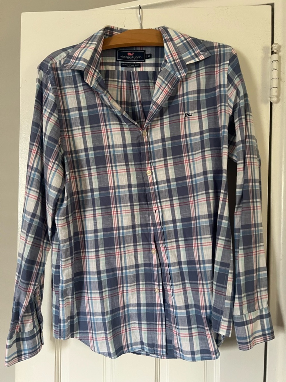 Vineyard Vines Men’s Navy and White Plaid Button-Down Shirt with Pink Accents